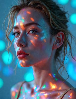 The primary subject of the image is a woman with long hair, who is wearing a gold necklace. She is posing for the camera, and her face is illuminated by a blue light. The setting appears to be a dark room with a blue background, creating a moody atmosphere. The visual style of the image is a combination of a photo and digital art, as the woman's face is digitally manipulated to create a unique and artistic effect. The dominant colors in the image are blue and gold, which contribute